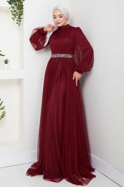 Taş Detaylı Büyük Beden Tesettür Abiye Alya - Bordo